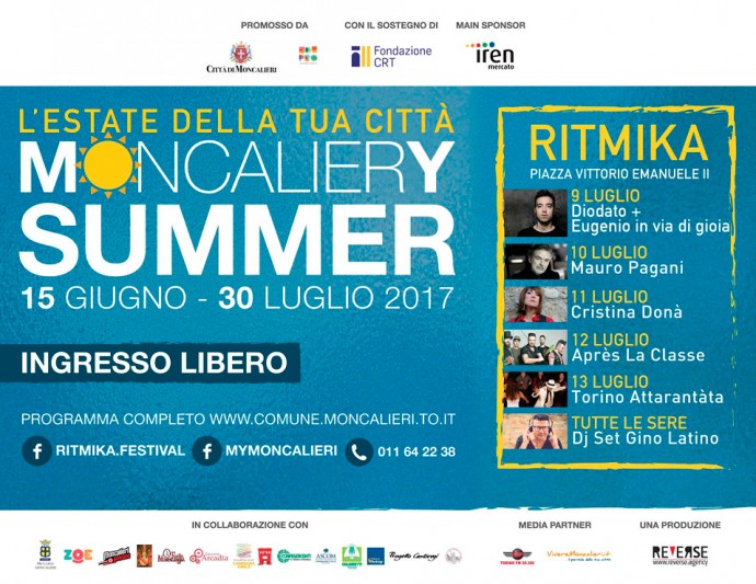 Comincia Ritmika 2017: dal 9 al 13 luglio a Moncalieri, con Eugenio in Via di Gioia, Diodato, Cristina Donà, Mauro Pagani, Après La Classe